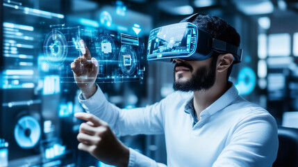 A man is wearing a virtual reality headset and pointing at a screen. Concept of excitement and wonder as the man explores the virtual world
