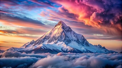 A Majestic Peak Piercing Through a Sea of Clouds, Bathed in the Warm Glow of a Dramatic Sunset