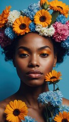Close-up portrait of woman with floral crown, serious expression, glowing makeup