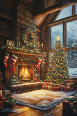 Fototapeta premium A rustic holiday room with a fireplace blazing and a beautifully decorated Christmas tree. Holiday lights illuminate the room with a warm glow, highlighting stockings on the mantel and presents under