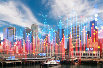Financial graph overlaying a city skyline with waterway.