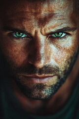 Obraz premium A portrait of a man with intense green eyes, his face illuminated by soft natural light. The surprise in his expression, combined with the close-up focus, creates an impactful image that captures
