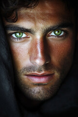 Obraz premium A portrait of a man with intense green eyes, his face illuminated by soft natural light. The surprise in his expression, combined with the close-up focus, creates an impactful image that captures