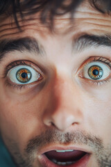 Naklejka premium A portrait of a man with big, expressive hazel eyes, looking directly at the camera in shock. The close-up captures the details of his eyelashes and the glimmer in his eyes, conveying a sense of