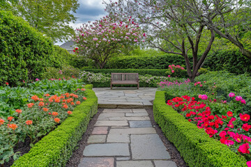 Obraz premium A picturesque garden retreat showcases an array of blooming flowers in vibrant colors, surrounded by neatly trimmed hedges. A charming stone pathway winds its way through the garden, leading to a