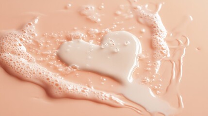 Fototapeta premium Milk puddle shaped like a heart on a pastel peach surface, soft and playful design.