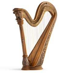 A  ornate harp, with intricate carvings, stands ready for a musical performance.