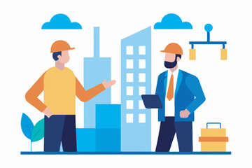 Obraz premium A construction worker and an architect are talking in front of a model of a building with a cityscape. The worker is gesturing, the engineer is holding a clipboard.