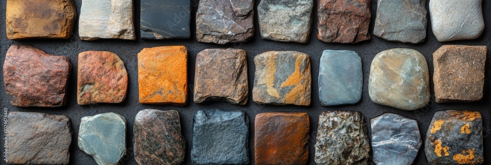 Poster artful arrangement of unique textured stones in diverse colors and patterns from above