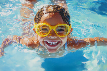 Fototapeta premium A happy little Brazilian girl with bright yellow goggles swims happily in the pool, her laughter filling the air as she turns to her parents poolside. The sun reflects off the water, enhancing the