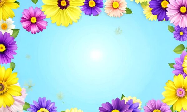 Colorful Floral Frame on Blue Sky Background