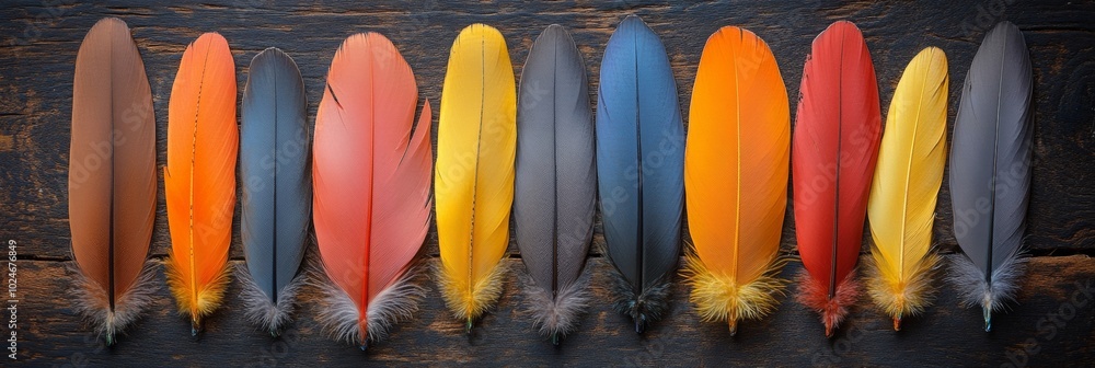 Poster vibrant feathers on weathered wood, a striking display of colorful feathers arranged on a rustic woo