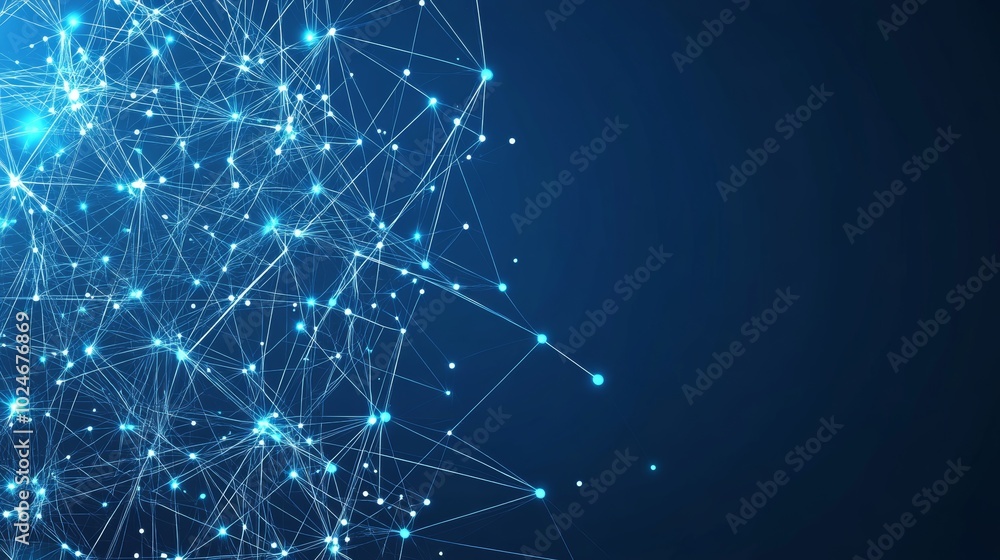 Poster abstract dark blue background with connecting glowing dots, lines, triangles. plexus effect.