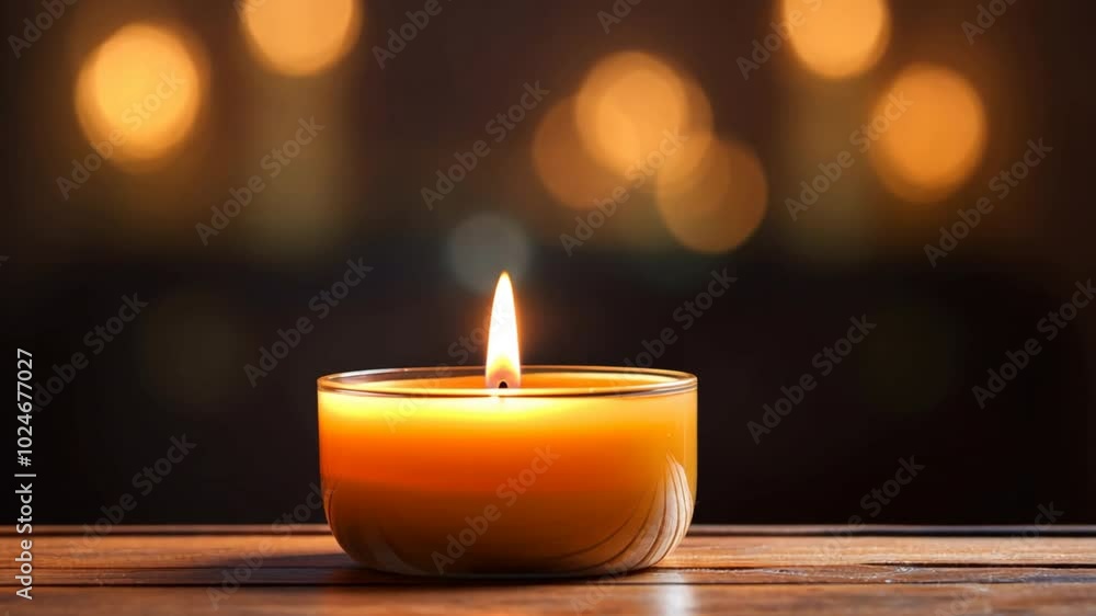 Poster a candle is lit on a wooden table. the candle is surrounded by a glass bowl, which is sitting on a w