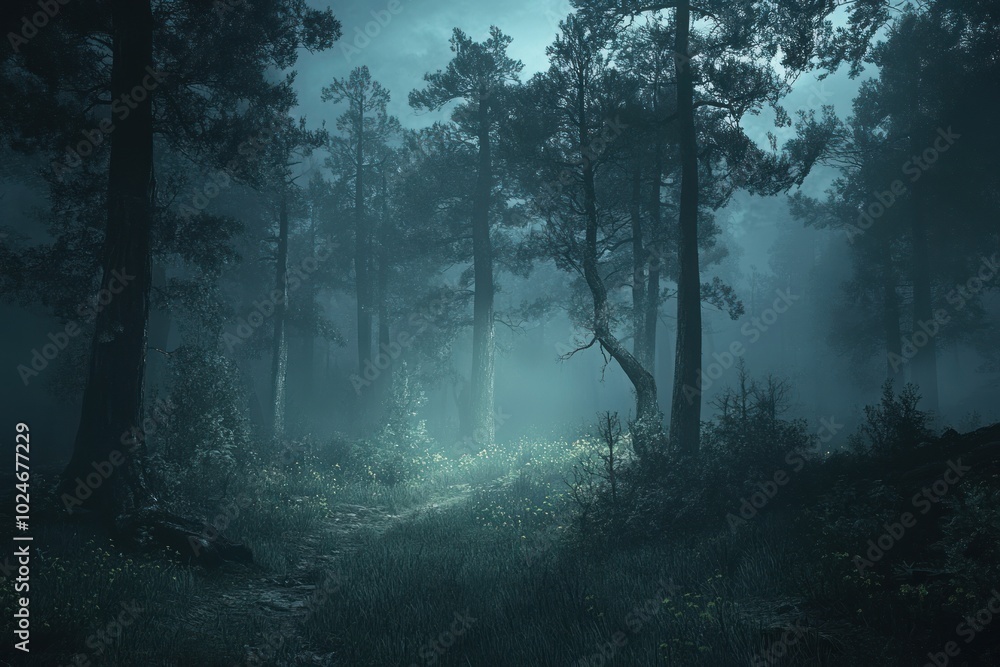 Poster a mysterious path through a dense, fog-filled forest at night. the air is thick with mist and the tr