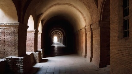 Naklejka premium Brick Underground Tunnel with Arched Ceiling and Lanterns: A historic underground tunnel with brick walls and an arched ceiling, illuminated by hanging lanterns and natural light from arched windows, 