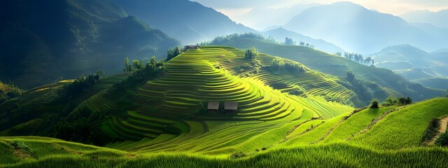 Rice terrace landscape in Vietnam, mountains and rice fields