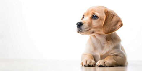 Stock photo of a cute puppy glancing back on a white background