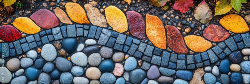 Poster vibrant pebble mosaic pathway, an artistic display of colorful stones creating a captivating design 