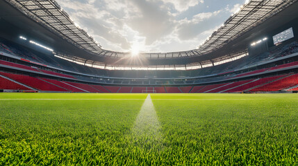 Fototapeta premium Wide-angle view of an empty football stadium with sunlight and green field