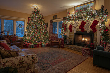 A festive living room, featuring a large Christmas tree with shimmering lights and a roaring fireplace. Holiday decorations, including stockings and garlands, fill the room with seasonal joy. The