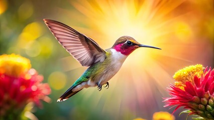 Fototapeta premium A Vibrant Hummingbird in Flight, Its Wings a Blur of Color as it Soars Towards a Cluster of Radiant Blossoms, Bathed in the Warm Glow of the Setting Sun.