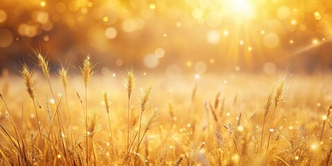 Fototapeta premium Soft golden bokeh background with dry grass in summer season
