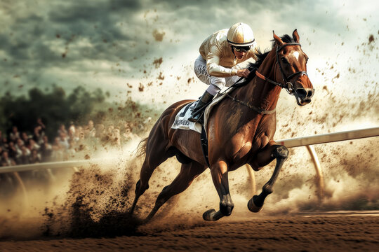 A dynamic moment in a horse race where a jockey leans forward, guiding his horse to victory just inches ahead of competitors. The finish line is in sight, with fans on the edge of their seats in the