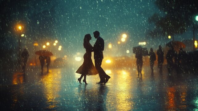 Dancing in the Downpour, a couple embraces the moment, joyfully twirling amidst a chaotic scene of others fleeing the rain.