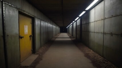 Concrete Underground Tunnel with Metal Doors and Fluorescent Lights: A stark, industrial underground tunnel with bare concrete walls, metal doors, and dim fluorescent lighting creating an eerie, cold 