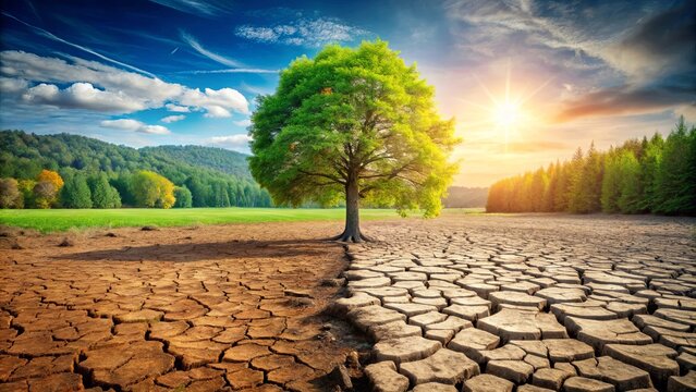 A single tree stands as a beacon of hope against the backdrop of a parched landscape, symbolizing the delicate balance between nature's resilience and the harsh realities of drought.
