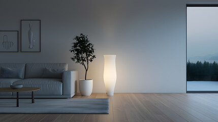 Minimalist Living Room at Night with Wooden Floors – Modern Interior Design and Cozy Ambiance