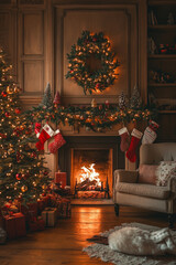 Fototapeta premium A cozy holiday room with a decorated Christmas tree near a glowing fireplace. The space is softly lit by holiday lights, with festive garlands and stockings hanging from the mantel. The glow of the