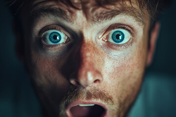 Obraz premium A close-up portrait of a surprised man with striking blue eyes wide open in astonishment. His expression is a mix of excitement and disbelief, with soft light highlighting his features, creating a