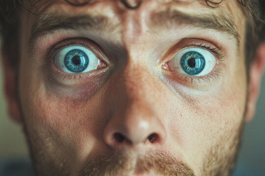 A close-up portrait of a surprised man with striking blue eyes wide open in astonishment. His expression is a mix of excitement and disbelief, with soft light highlighting his features, creating a