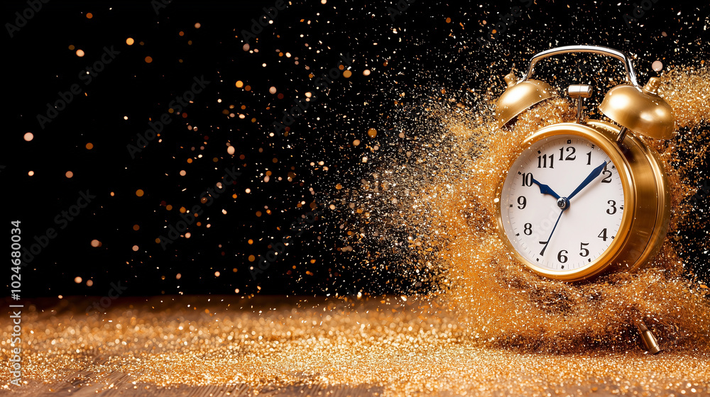 Poster vintage alarm clock surrounded by cloud of golden glitter creates mesmerizing scene. clocks hands ar