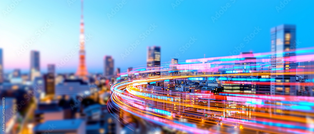 Poster vibrant cityscape at dusk showcases dynamic blend of lights and motion, with skyscrapers and promine