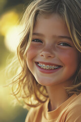 Fototapeta premium A close-up of a smiling Caucasian girl, around 11 years old, displaying her shiny braces. Her laughter is infectious, and the warm background enhances her cheerful spirit as she embraces her journey