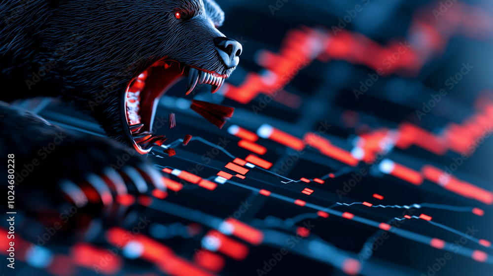 Poster fierce bear with sharp claws is depicted roaring amidst backdrop of fluctuating stock market graphs,