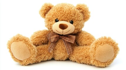 Obraz premium A brown teddy bear with a brown bowtie sits on a white background.