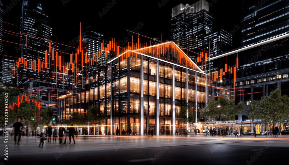 Poster modern financial skyscraper illuminated at night, surrounded by stock charts and data visualizations, creating dynamic urban atmosphere. scene captures essence of finance and innovation