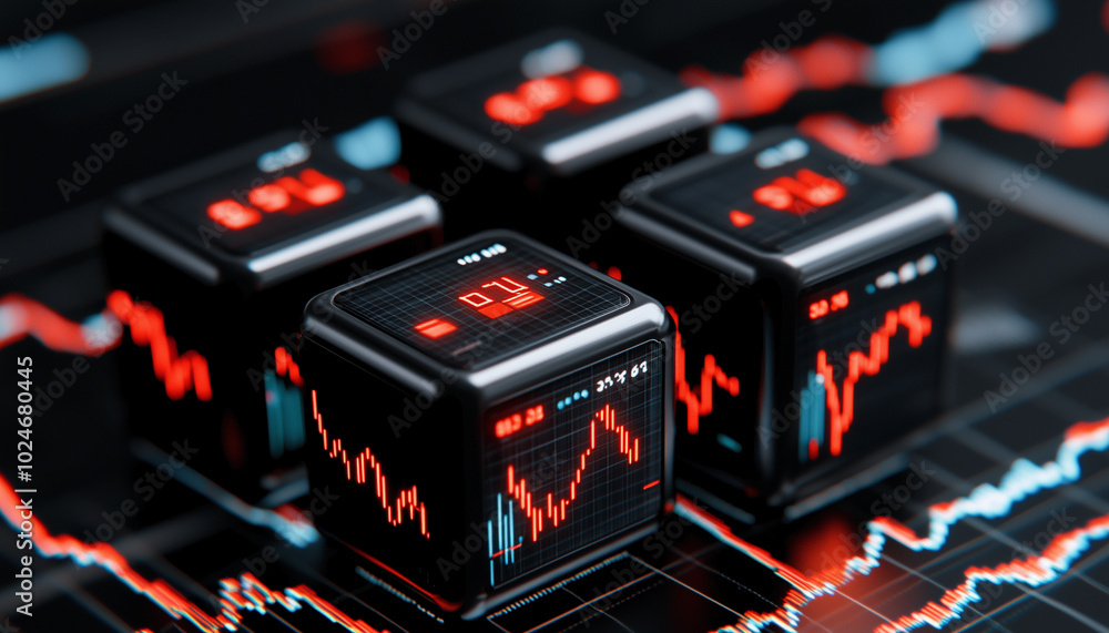 Poster image features financial data displayed on digital cubes, symbolizing market trends and stock perfor