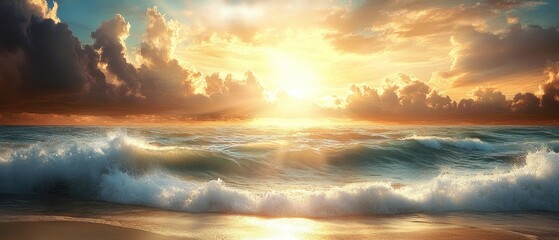 Obraz premium Golden Sunset Over a Blue Ocean With Waves Crashing on the Shore