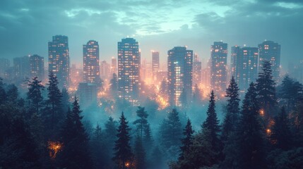 Obraz premium Urban Forest Fusion, a vibrant blend of lush trees and towering skyscrapers under the twilight sky, showcasing nature's embrace of urban life