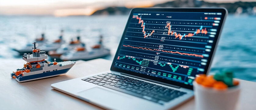 laptop displaying stock market data sits on table by water, accompanied by model boat and small plant. scene conveys blend of technology and maritime elements, evoking sense of modern trading