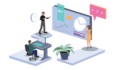 Group of diverse colleagues using laptops and making notes while analyzing charts on board while working in office together. Workplace, Teamwork illustrator,  vector.