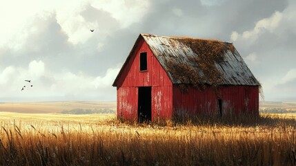 Obraz premium Abandoned Barn in Expansive Field, weathered structure with peeling red paint, overgrown roof, surrounded by tall grasses and wildflowers