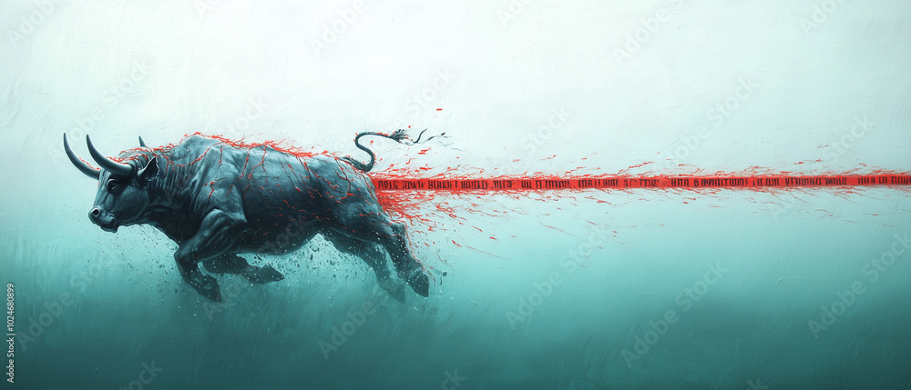 Poster powerful bull statue emerges from surreal underwater scene, symbolizing strength and resilience amid