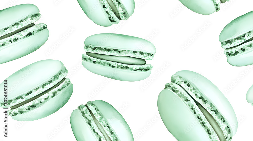 Sticker Watercolor seamless pattern of colorful macaroons on a white background