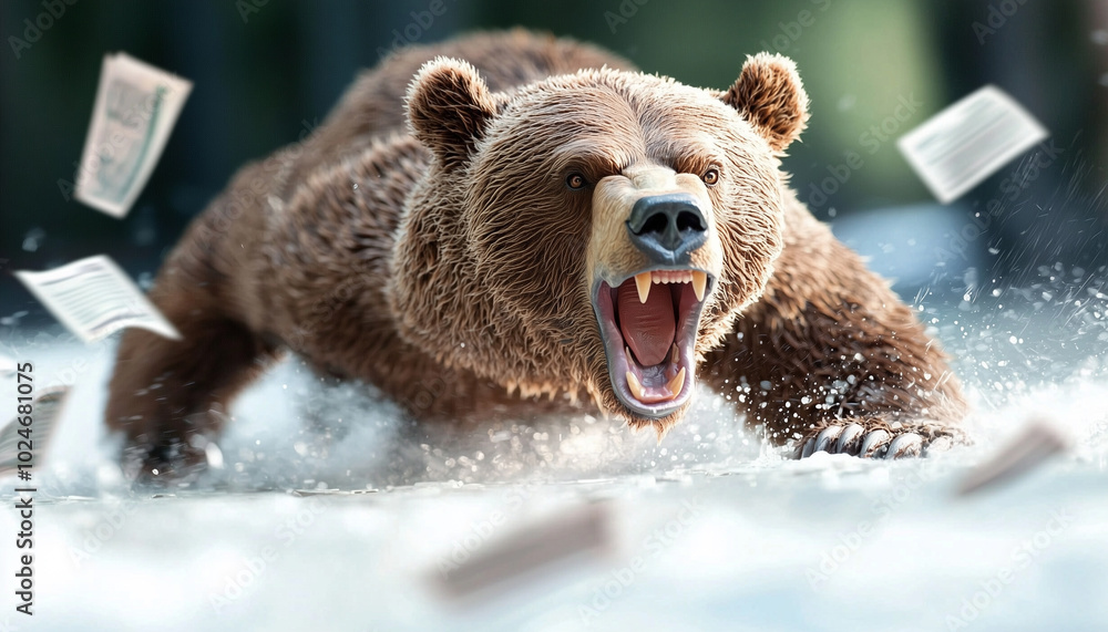Poster fierce bear roaring in storm, surrounded by flying papers, creates dramatic and intense scene. power